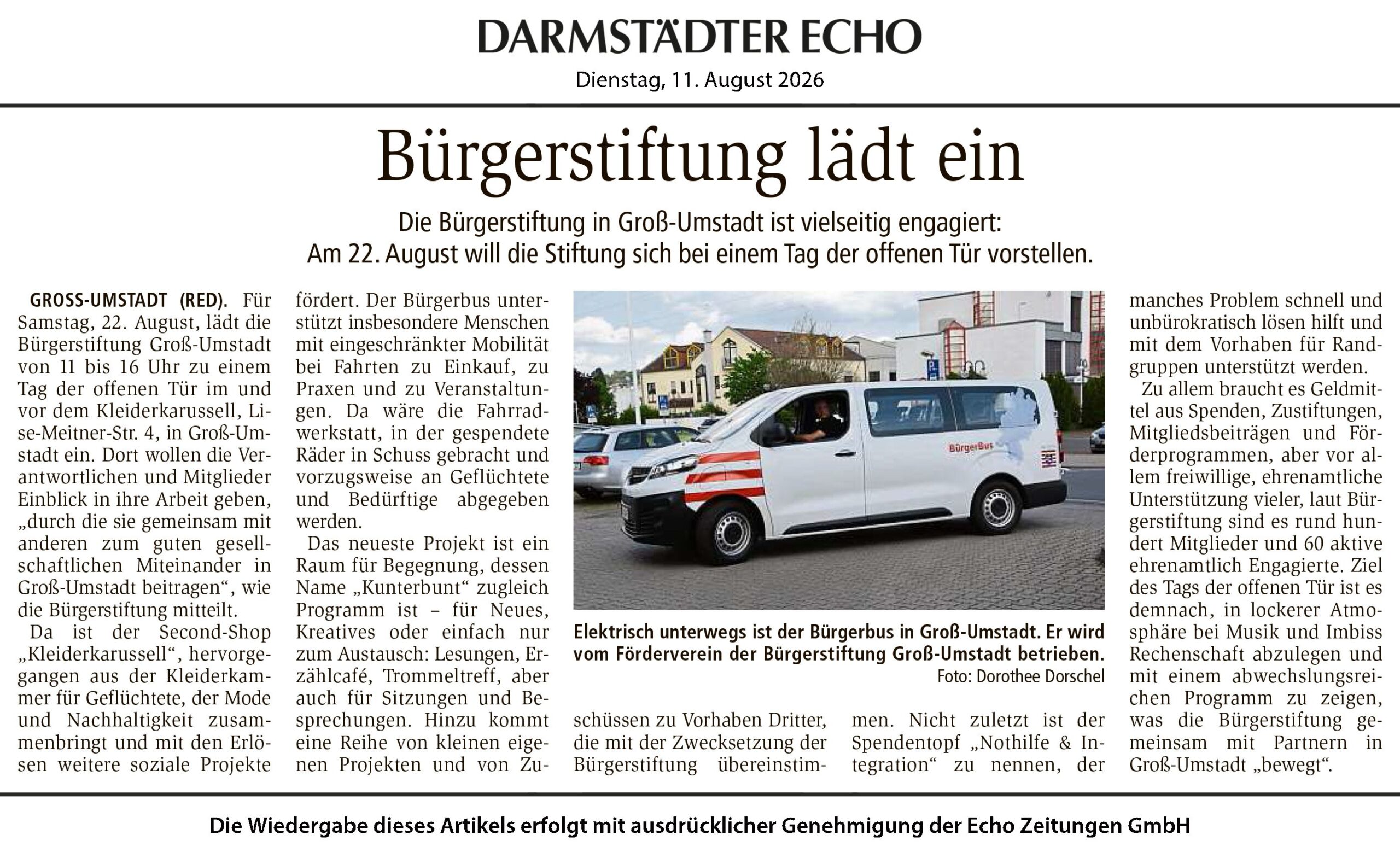 Bürgerstiftung lädt ein. Presseartikel von Dorothee Dorschel im Darmstädter Echo vom 11.08.2026