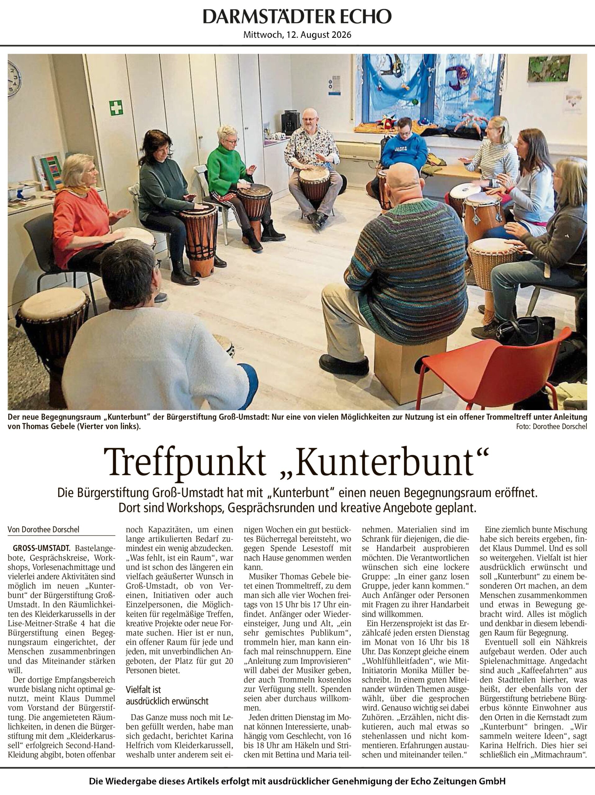 Treffpunkt "Kunterbunt". Presseartikel von Dorothee Dorschel im Darmstädter Echo vom 12.08.2026