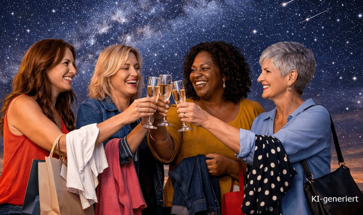 4 fröhliche Frauen prosten sich mit einem Sektglas zu. Sie tragen Einkaufstaschen und stehen unter einem Sternenhimmel.