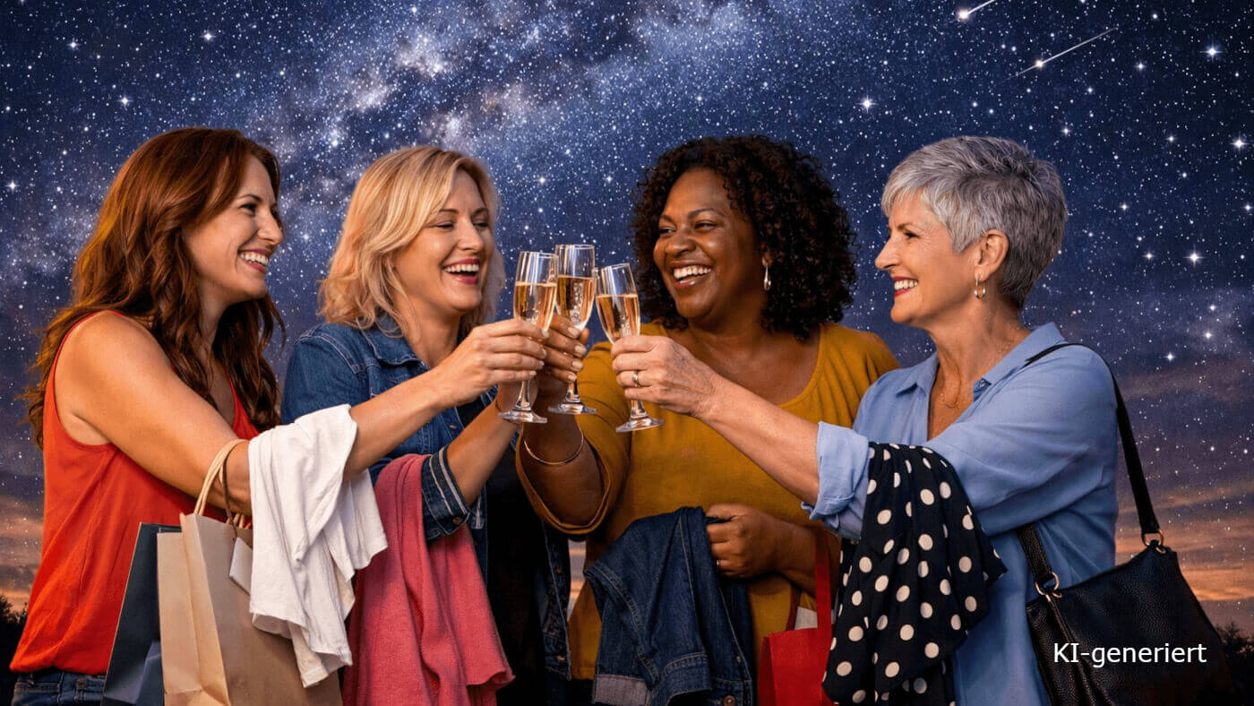 4 fröhliche Frauen prosten sich mit einem Sektglas zu. Sie tragen Einkaufstaschen und stehen unter einem Sternenhimmel.