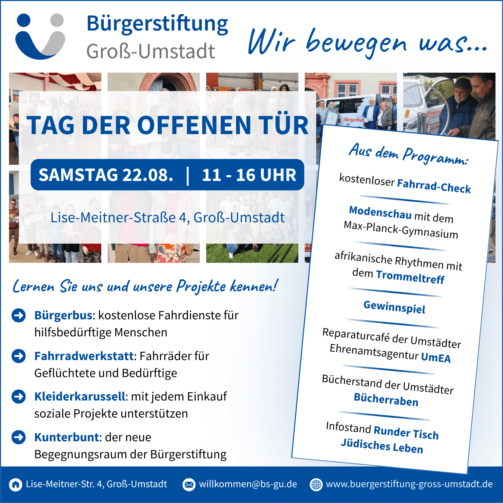 Tag der offenen Tür der Bürgerstiftung am 22.08.2026 von 11 - 16 Uhr - Programm